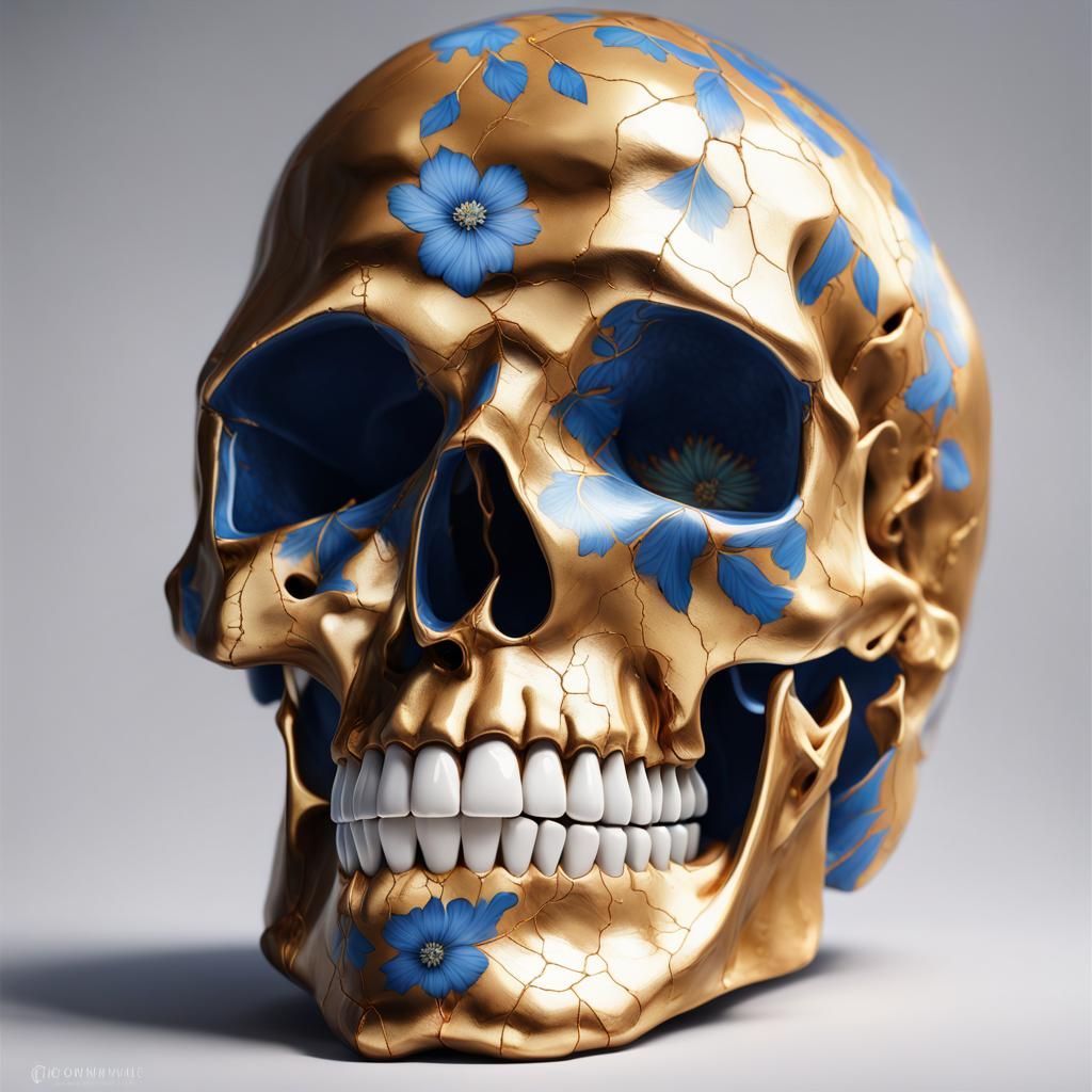 Porcelain Skull with Gold Kintsugi and Floral Design