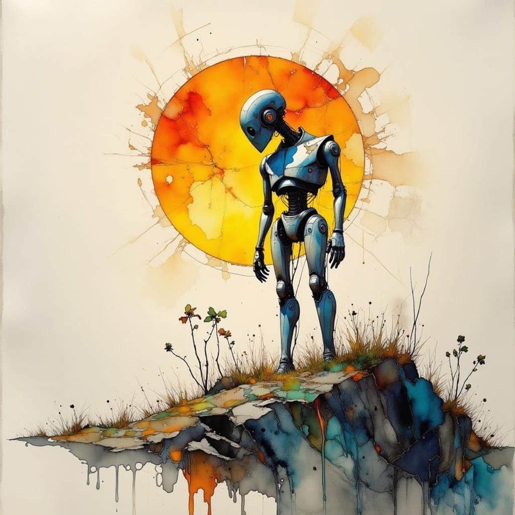 Weathered Robot on Hill in Charcoal and Watercolour