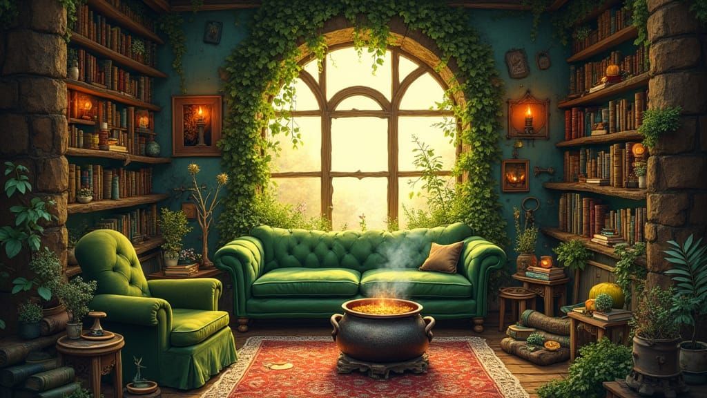 Cozy Springtime Witch's Cottage with Golden Light and Whimsi...