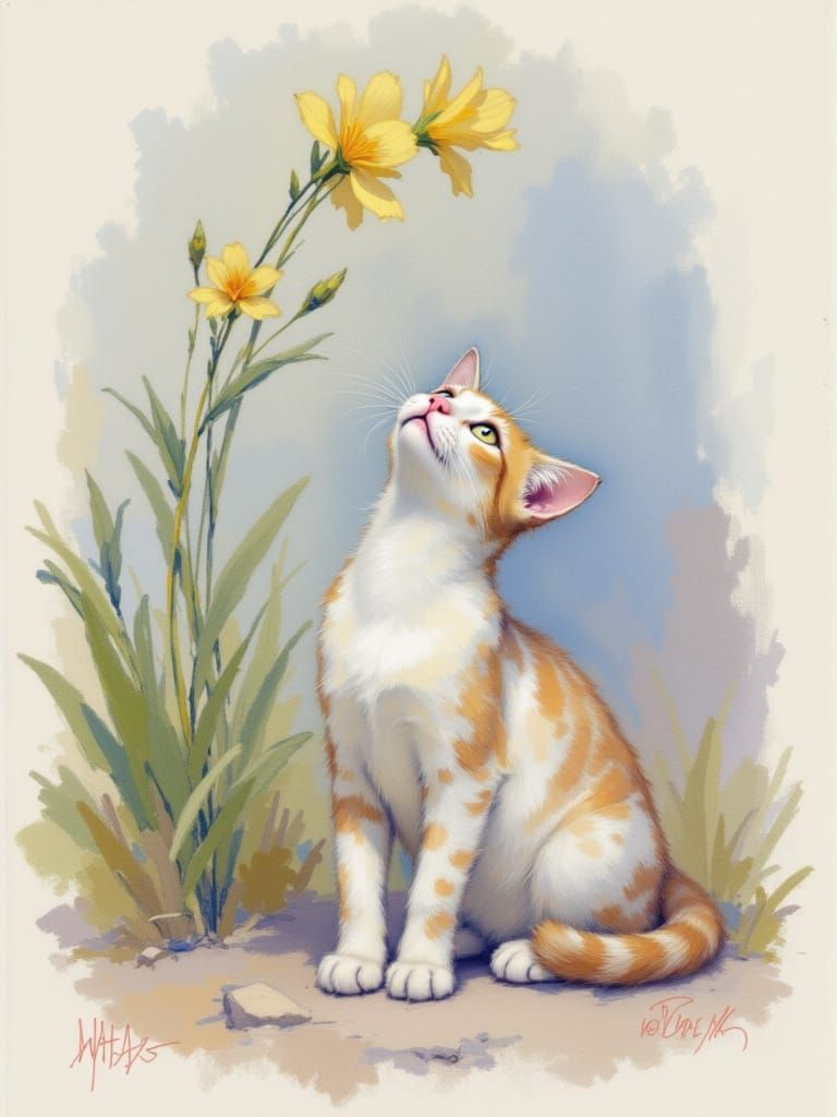Adorable Cat Under Tall Flower with Flickering Light