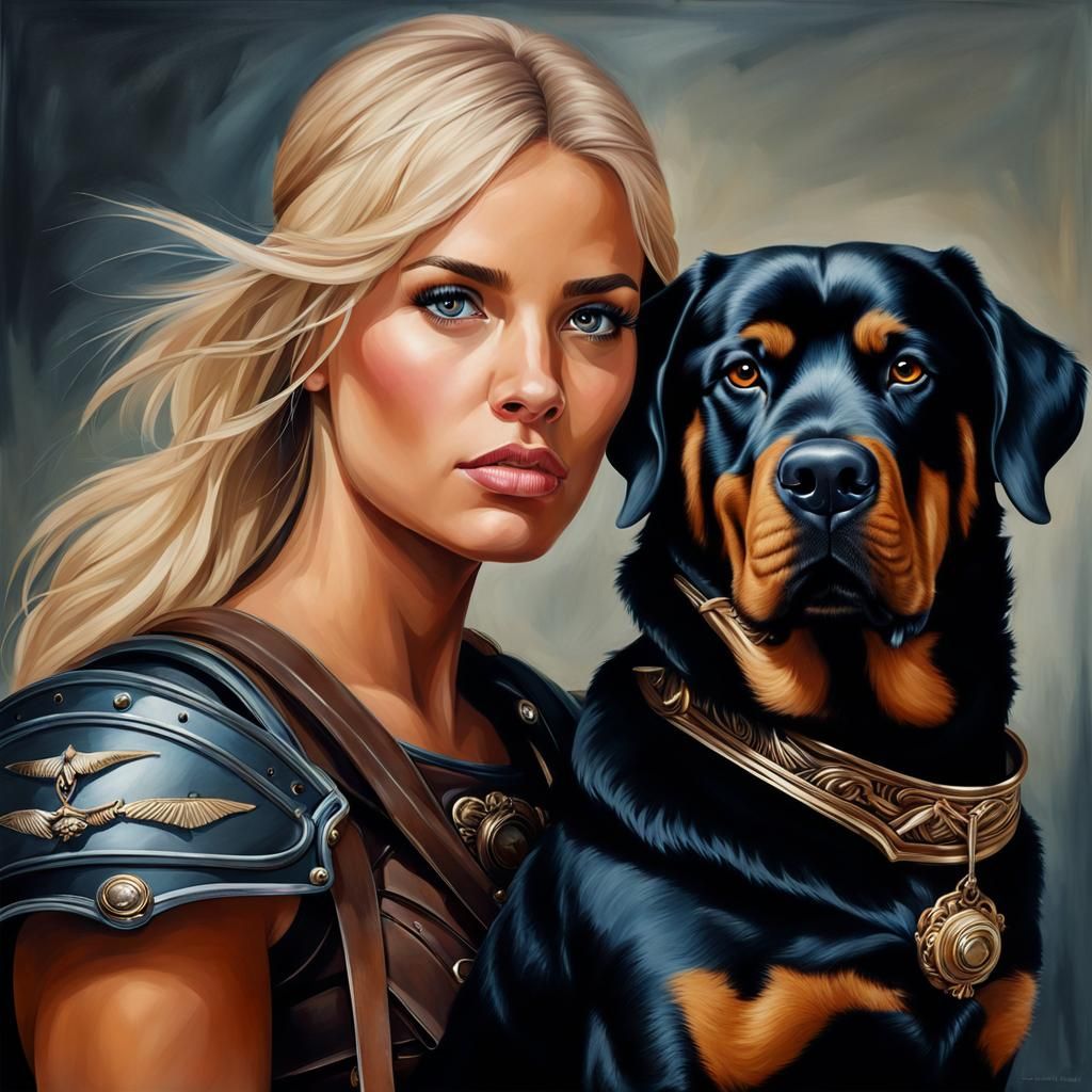 Blonde Warrior Woman with Rottweiler Portrait