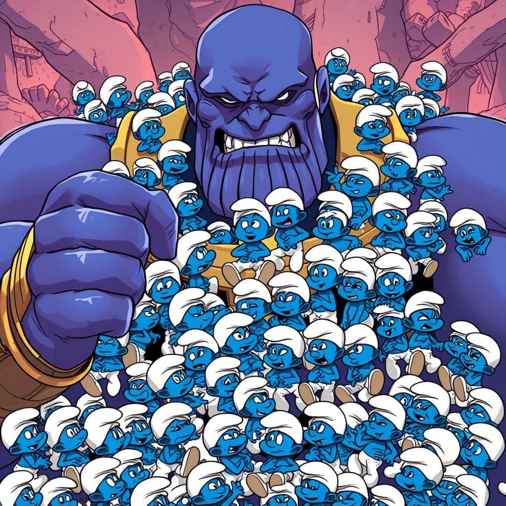 Smurfs Sitting on Thanos in a Vibrant Anime Style