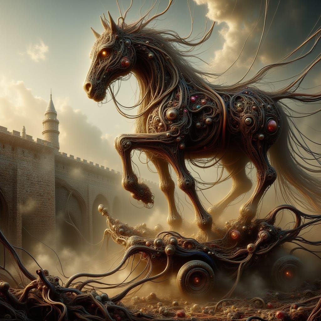 Surreal Trojan Horse Outside Troy in Dark Fantasy Style