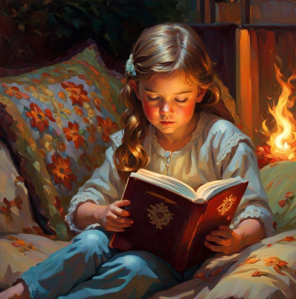 Young Girl Reading by Torchlight, Oil Painting