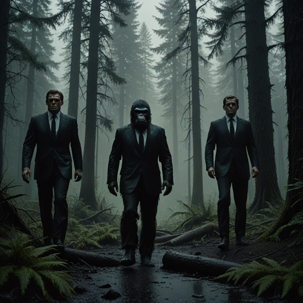 Sasquatch Encounters Men in Black in Mysterious Forest