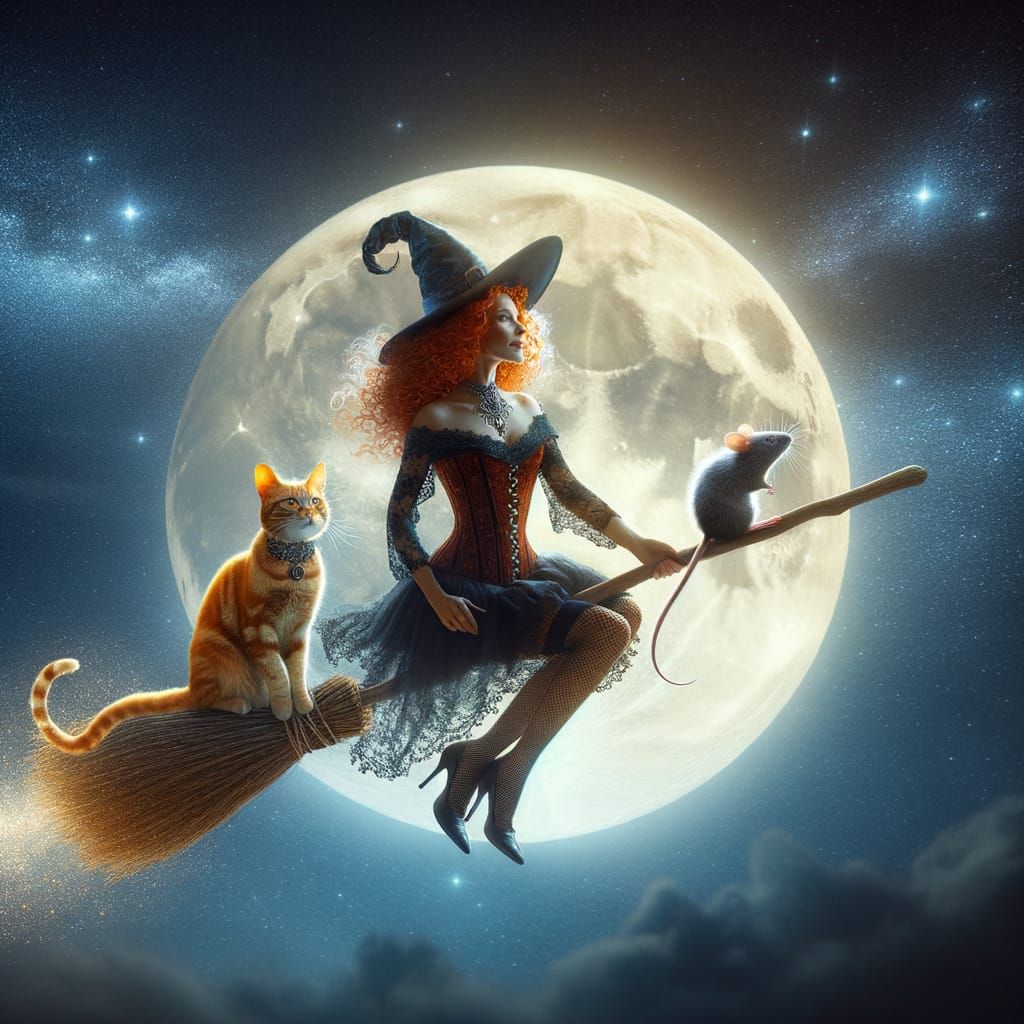 Enchanting Witch's Moonlight Flight with Cat and Mouse