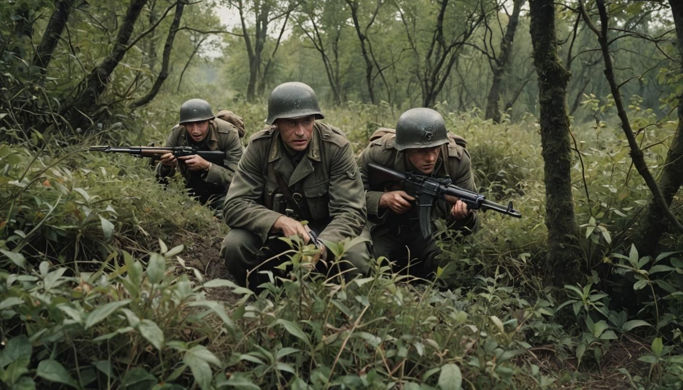 German Soldiers hiding in bushes aiming their weapons. During World War 2, Cinematic film still, shot on v-raptor XL, fi...
