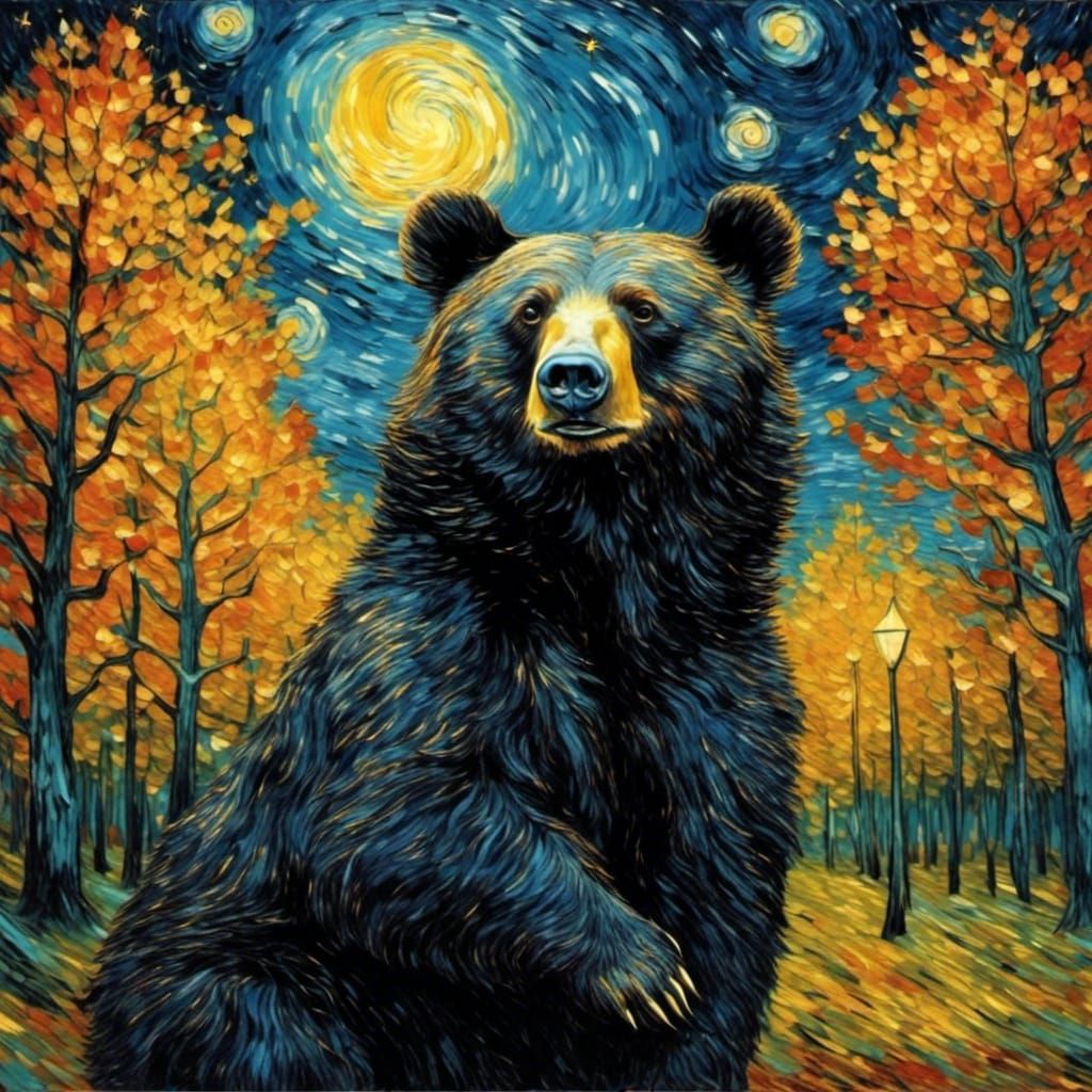 Black Bear in Starry Night Forest: Van Gogh Style