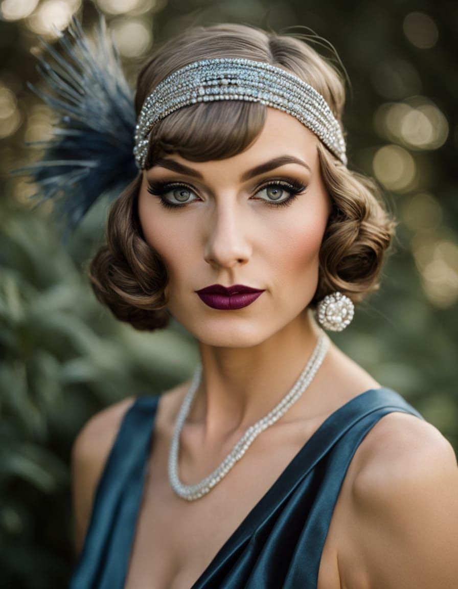 Flapper Woman Portrait in Silver Taffeta Turban