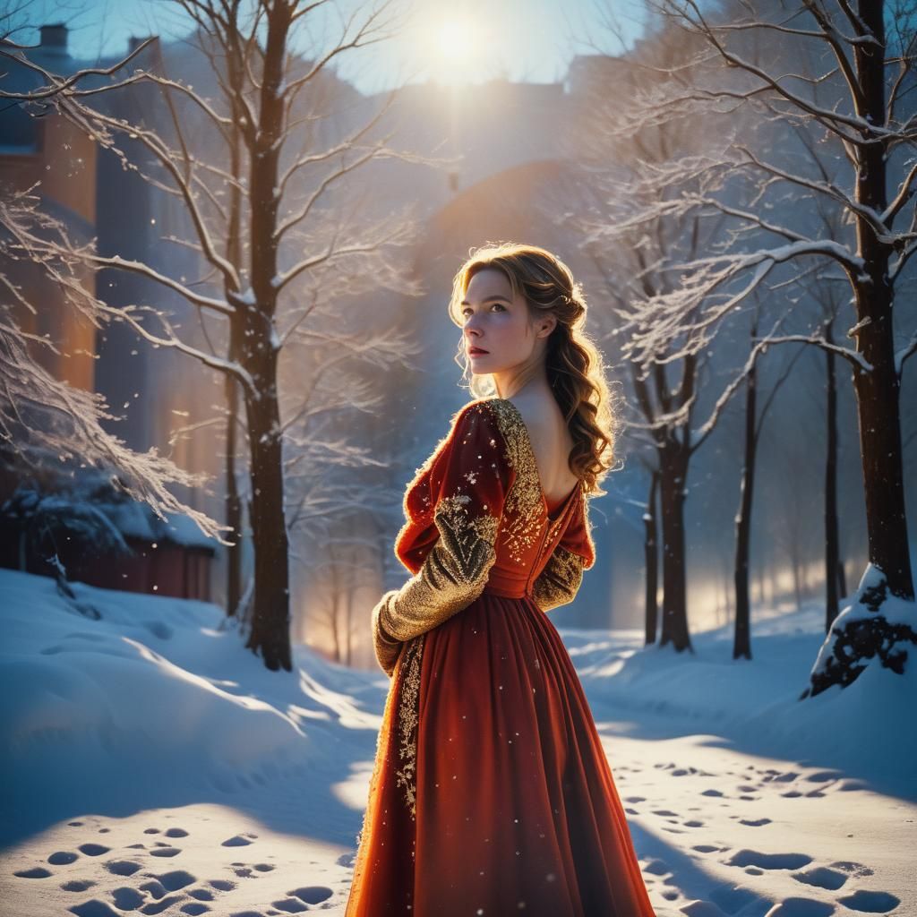 Regal Woman in Golden Red Gown Against Dark Snow Backlit by....