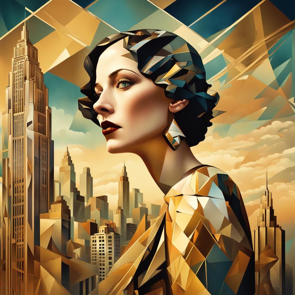 Surreal 1920s Woman in Art Deco Cityscape