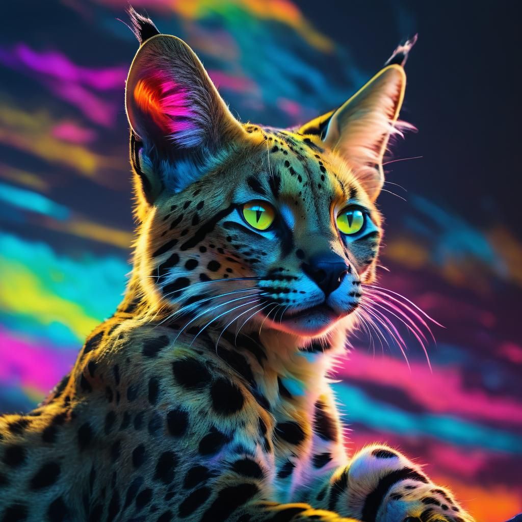 Neon Serval Cat in Digital Abstract Dreamscape