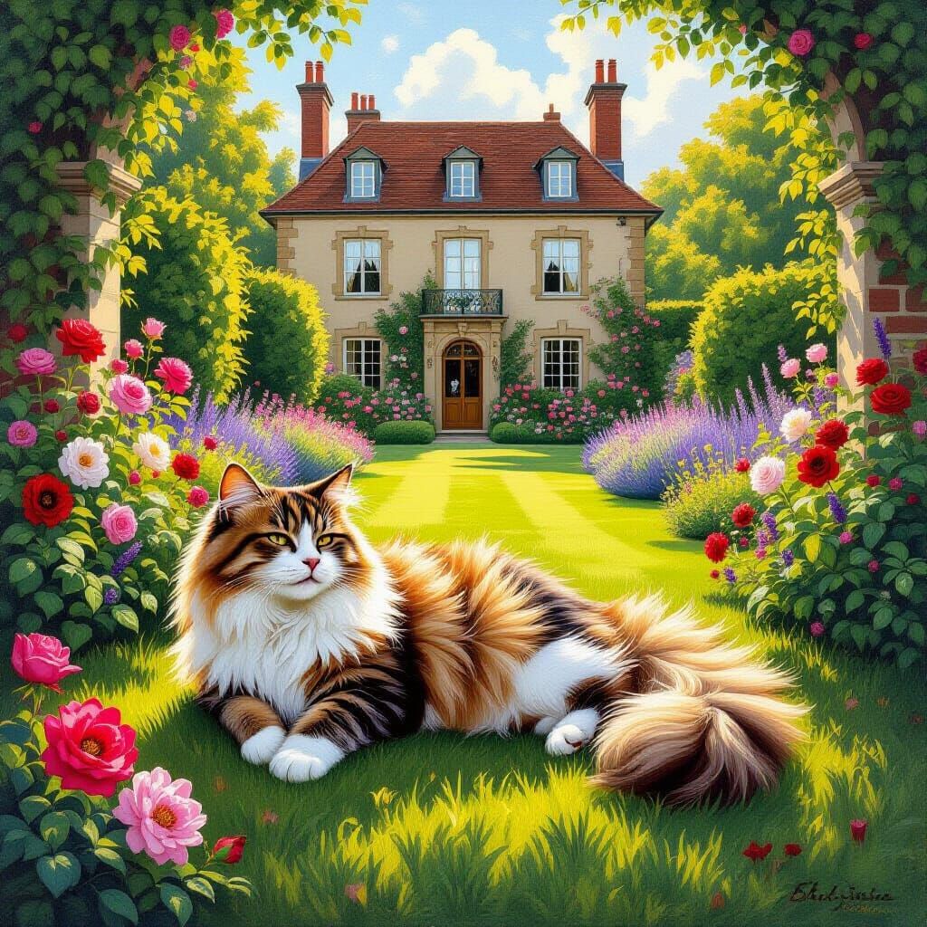 Majestic Cat in a Sunlit Country Manor Garden