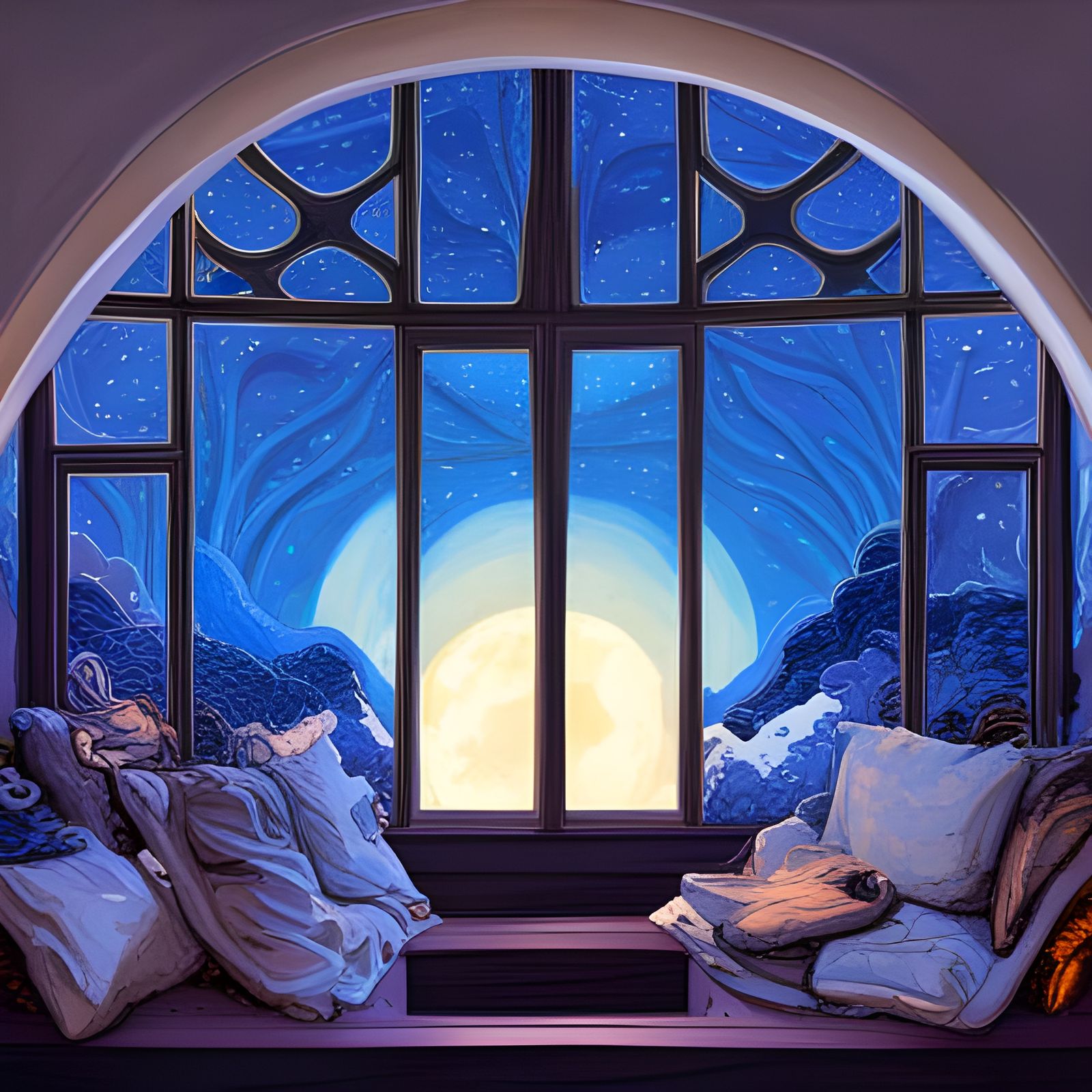 Intricate Window with Northern Lights, Detailed Digital Art