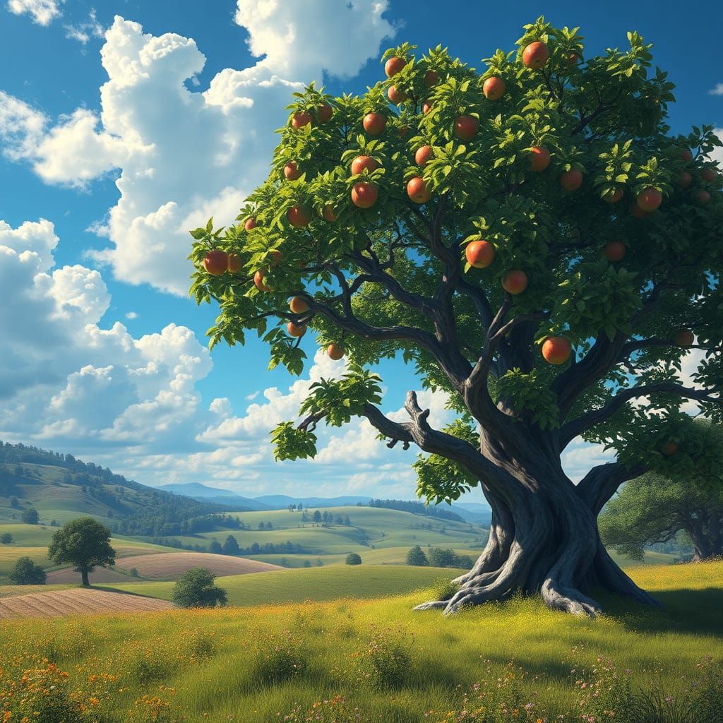 Apple Tree in Fantasy Farm Field as Matte Painting