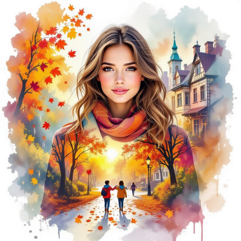 Double Exposure Portrait of Woman with Autumn Landscape and ...