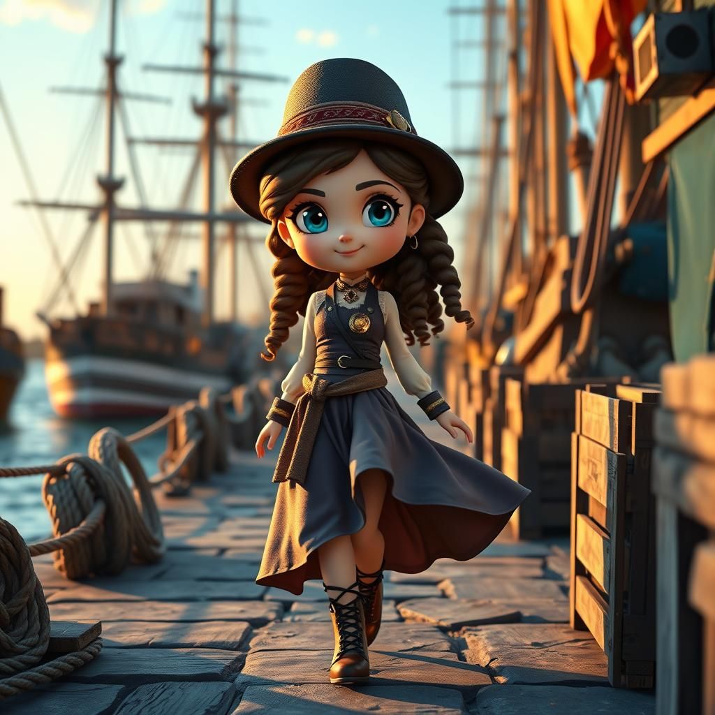Chibi Woman in 18th Century Port, Cinematic Lighting