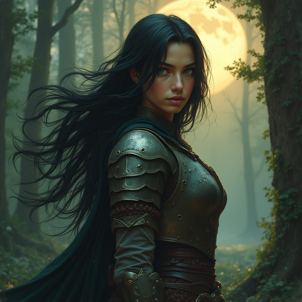 Medieval Warrior Maiden in Moonlit Forest