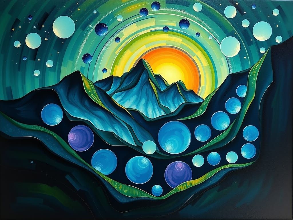 Abstract Mountain Sunrise in Interconnected Circles