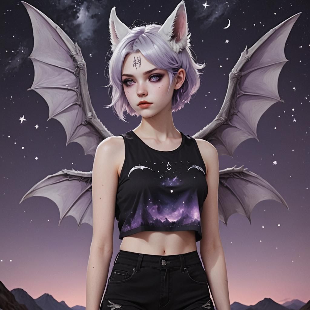 Gothic Teen Girl with Bat Wings in Night Sky