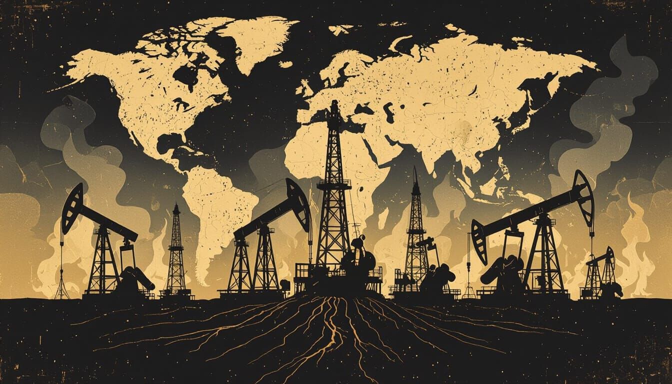 Colonial Map With Oil Rigs and Flames in Dark Romantic Style