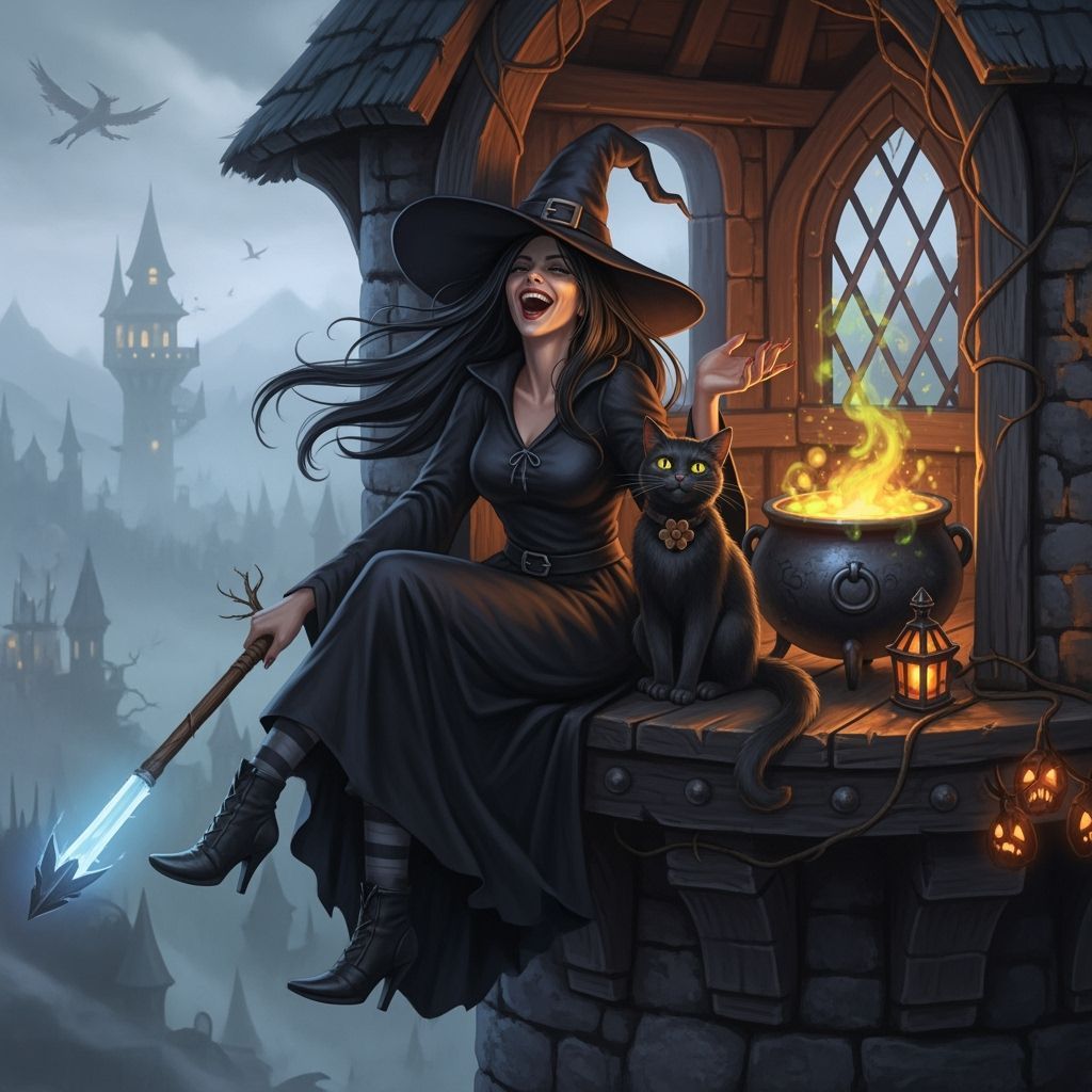 Playful Witch and Cat by Bubbling Cauldron