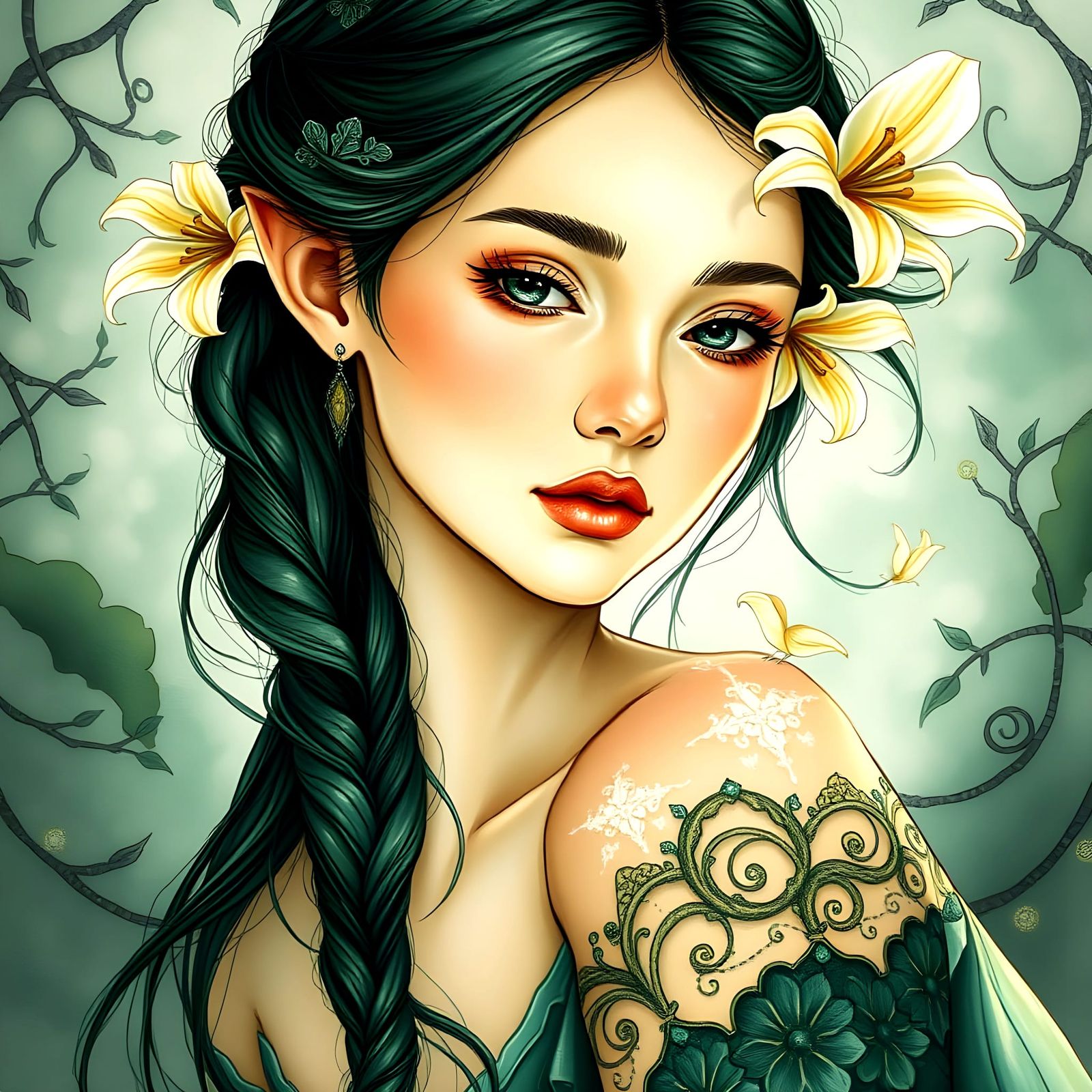 Enchanting Fae Portrait in Art Deco Watercolor