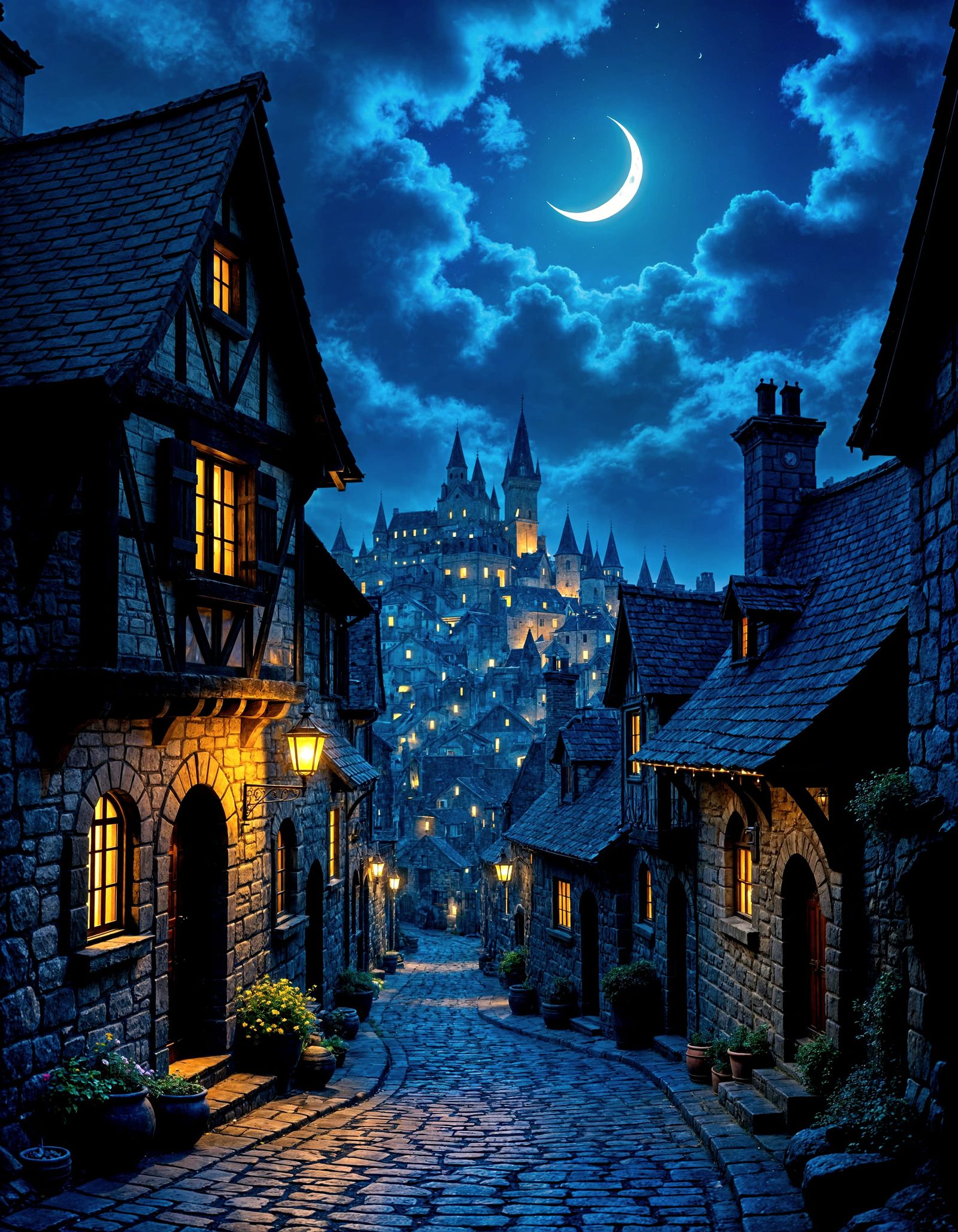 Medieval Alley Leading to Tavern with Town View