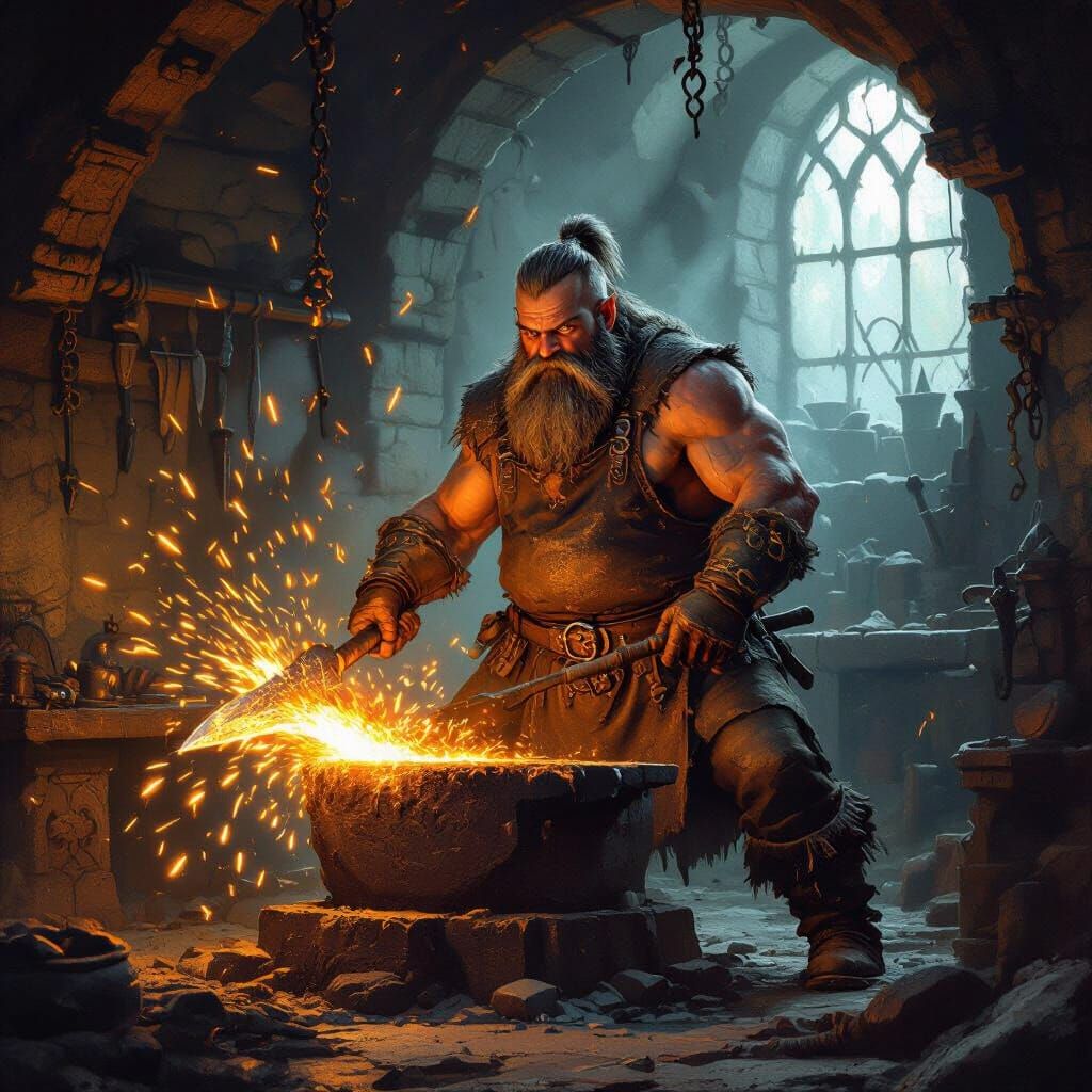Dwarven Blacksmith Forging a Glowing Blade