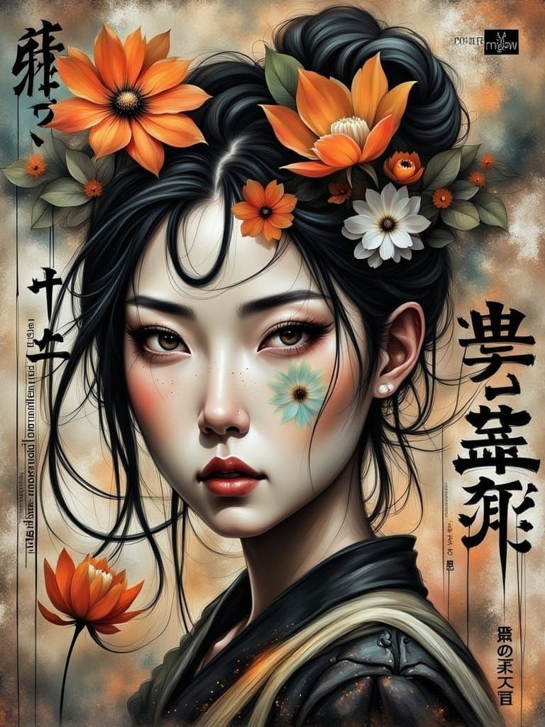 Wabi-Sabi Asian Woman in Urbanpunk Collage Style