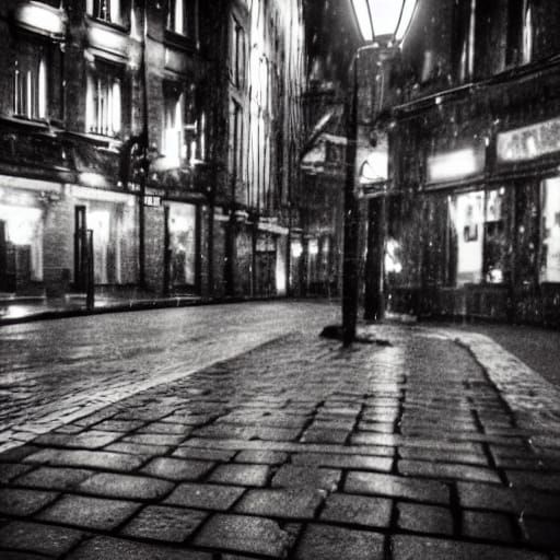 Alien Walks Through Rainy Night Streets