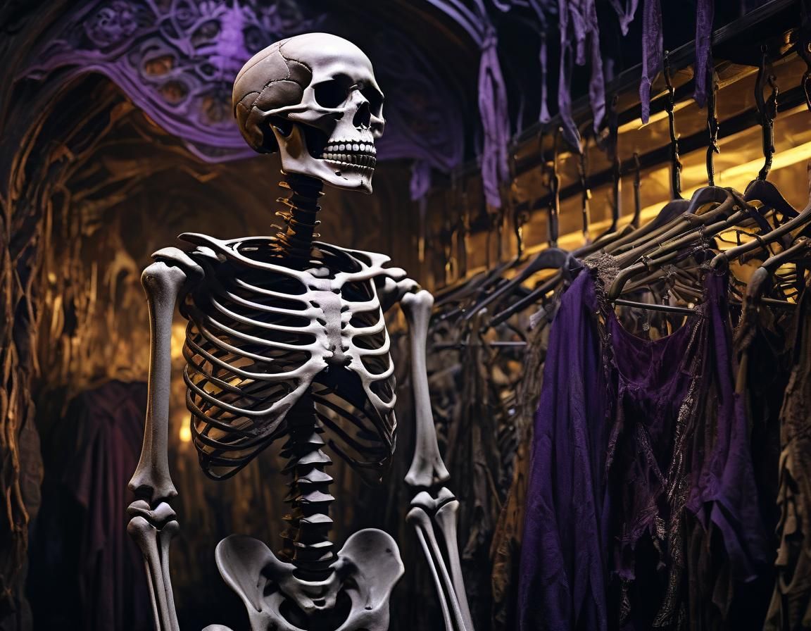 Skeleton Guarding Human Skins: Dark Fantasy Art