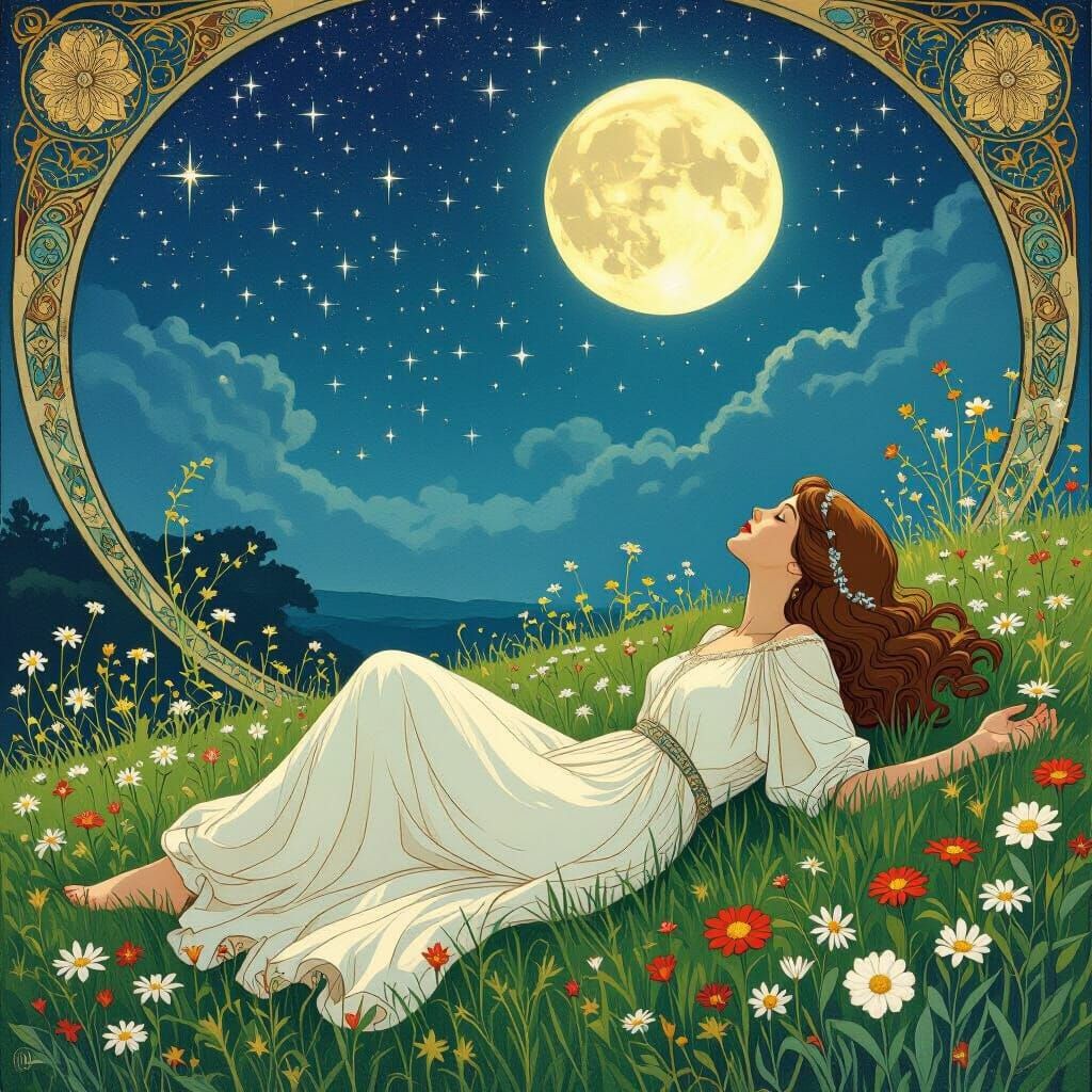 Woman Gazing at Starry Night Sky in Lush Meadow