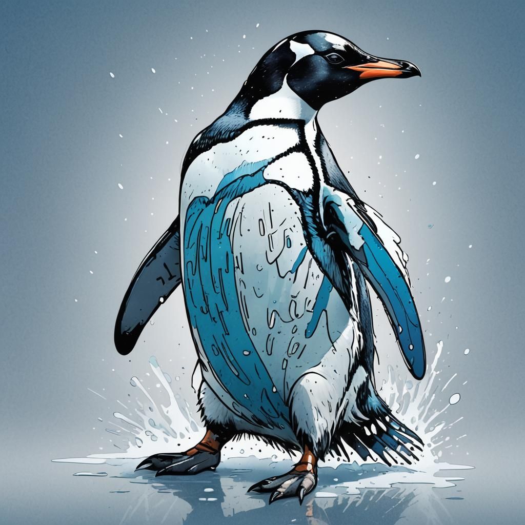 Penguin in Dynamic Pose as Comic Book Art