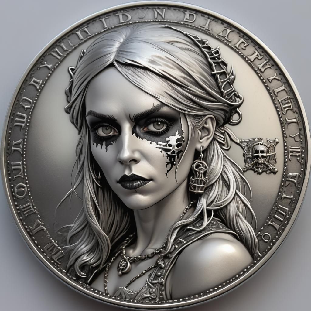 Coin having Gothic pirate woman  on its face, breathtaking, ...