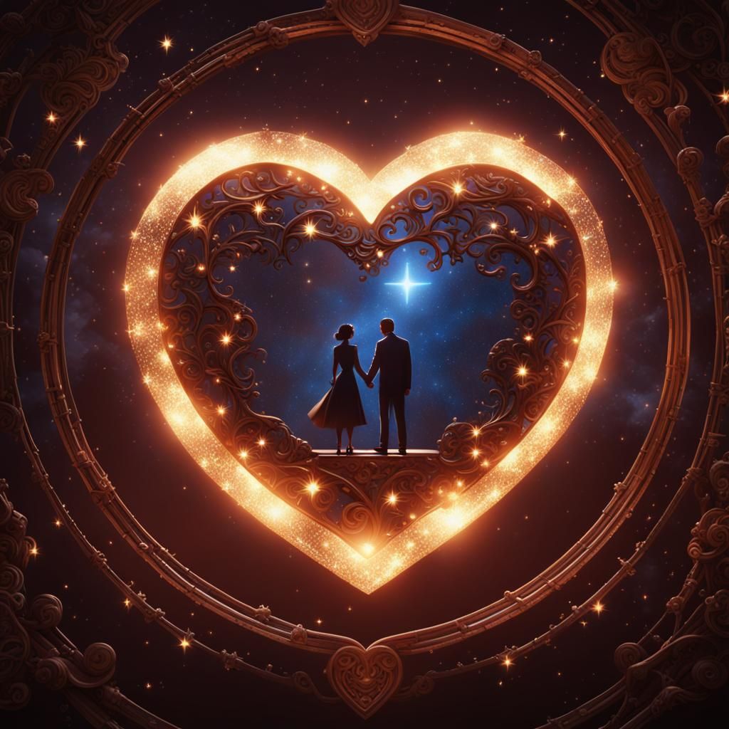 Glowing Iron Heart with Starry Couple Silhouette