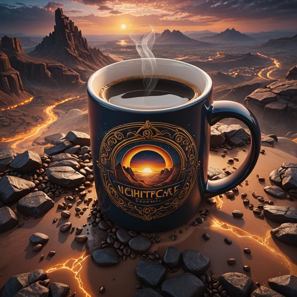 NightCafe Coffee Mug at Sunrise: Hyperrealistic Detail