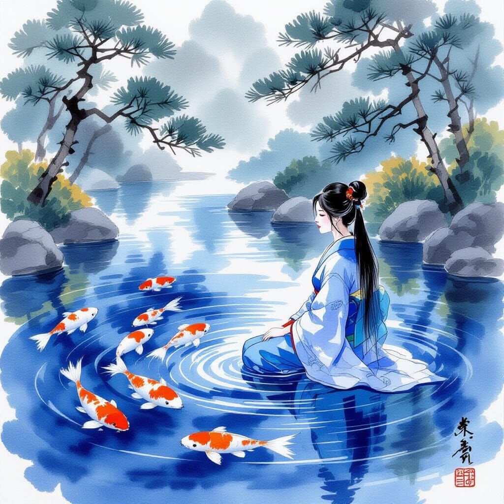 Japanese Garden with Woman and Indigo Vortex Pond