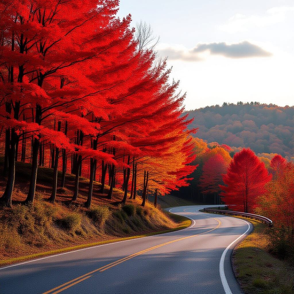 Vibrant Red Maple Forest on Hill with Winding Road