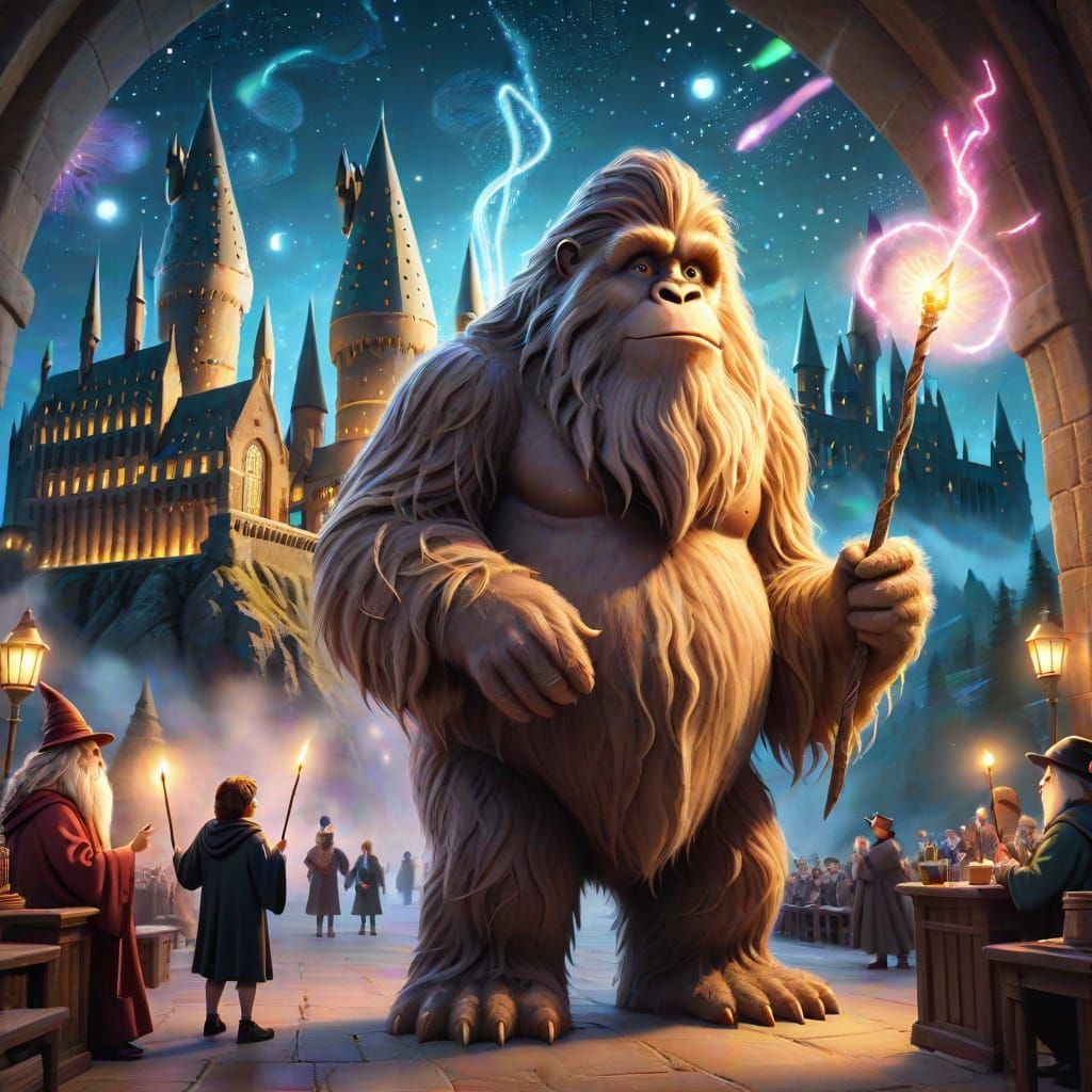 Harry Potter and Bigfoot at Hogwarts: Fantasy Illustration