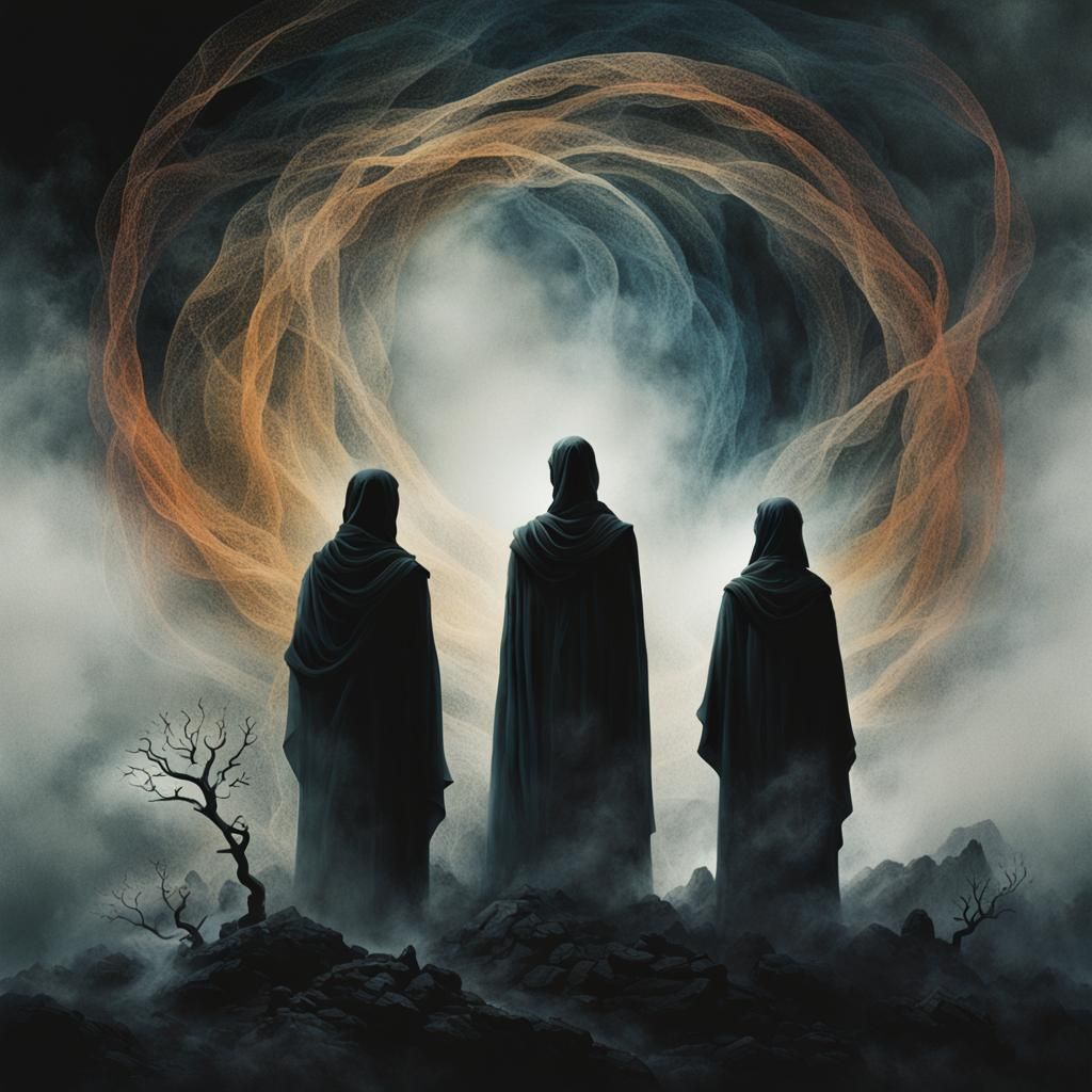 Ethereal Humanoid Figures in Smoky, Chaotic Mist