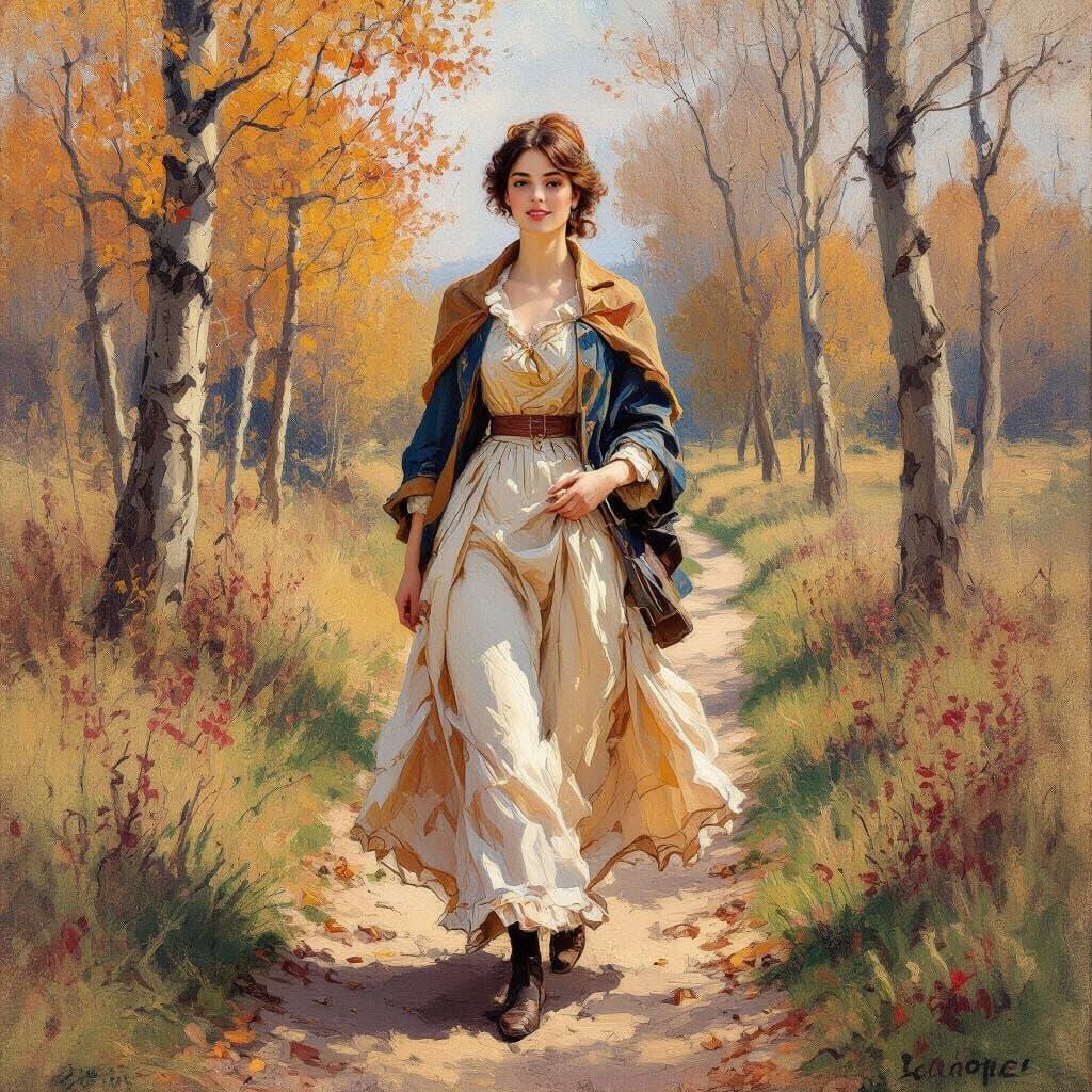 Elegant Woman in Autumnal Forest, Impressionist Style