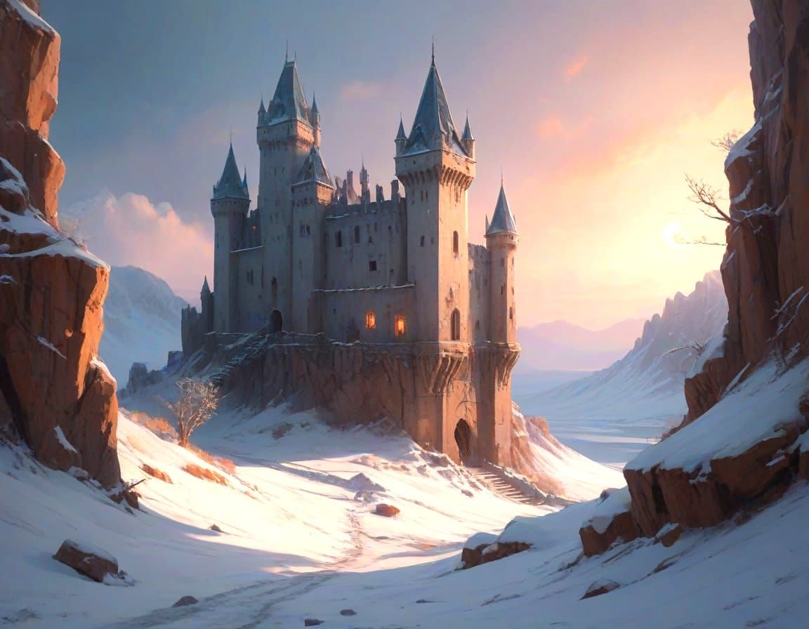 Snowbound Castle Keep in Frosty Sunset Light