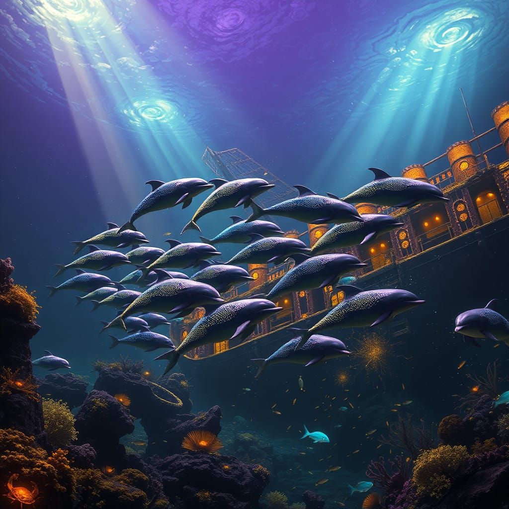 Dolphins Play in Bioluminescent Ocean Depths with Ancient Sh...