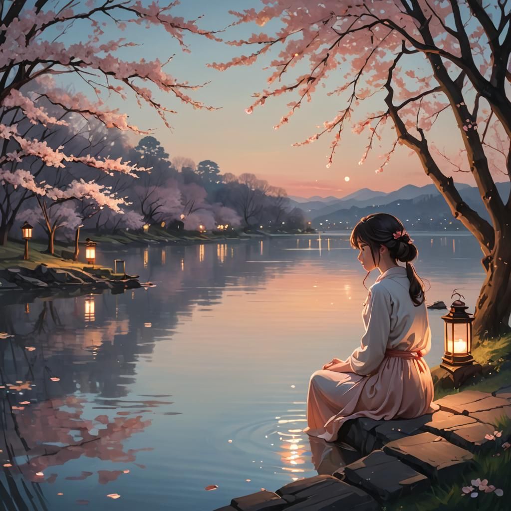 Heartbroken Anime Woman at Dusk in Romantic Style