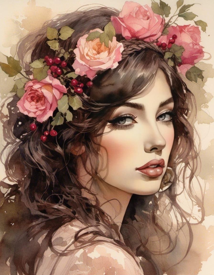 Elegant Woman in Vintage Watercolor Ink Drawing