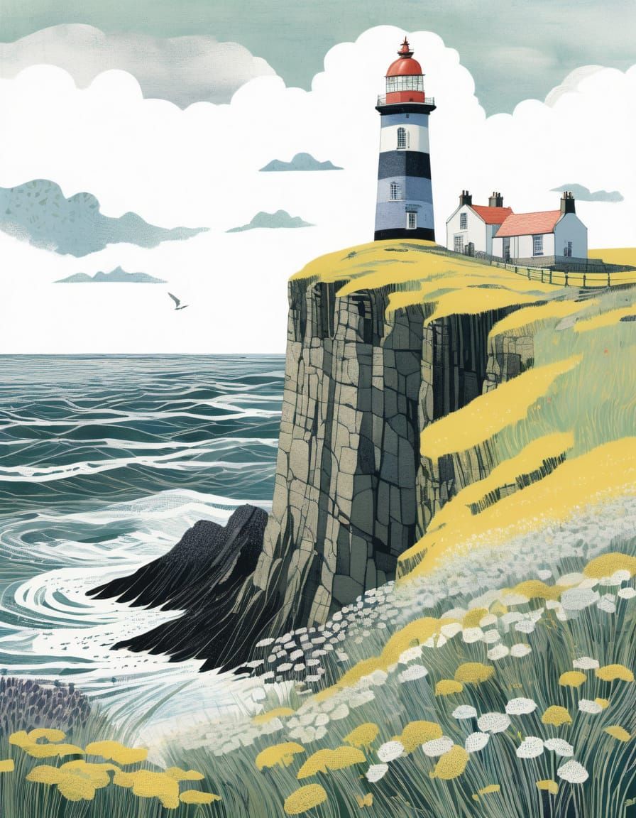 Lighthouse on Spring Cliff Overlooking Ocean