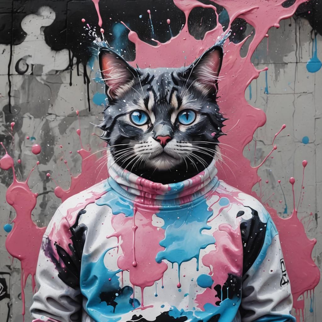 Cat Portrait with Water Sweater in Splash Art Style