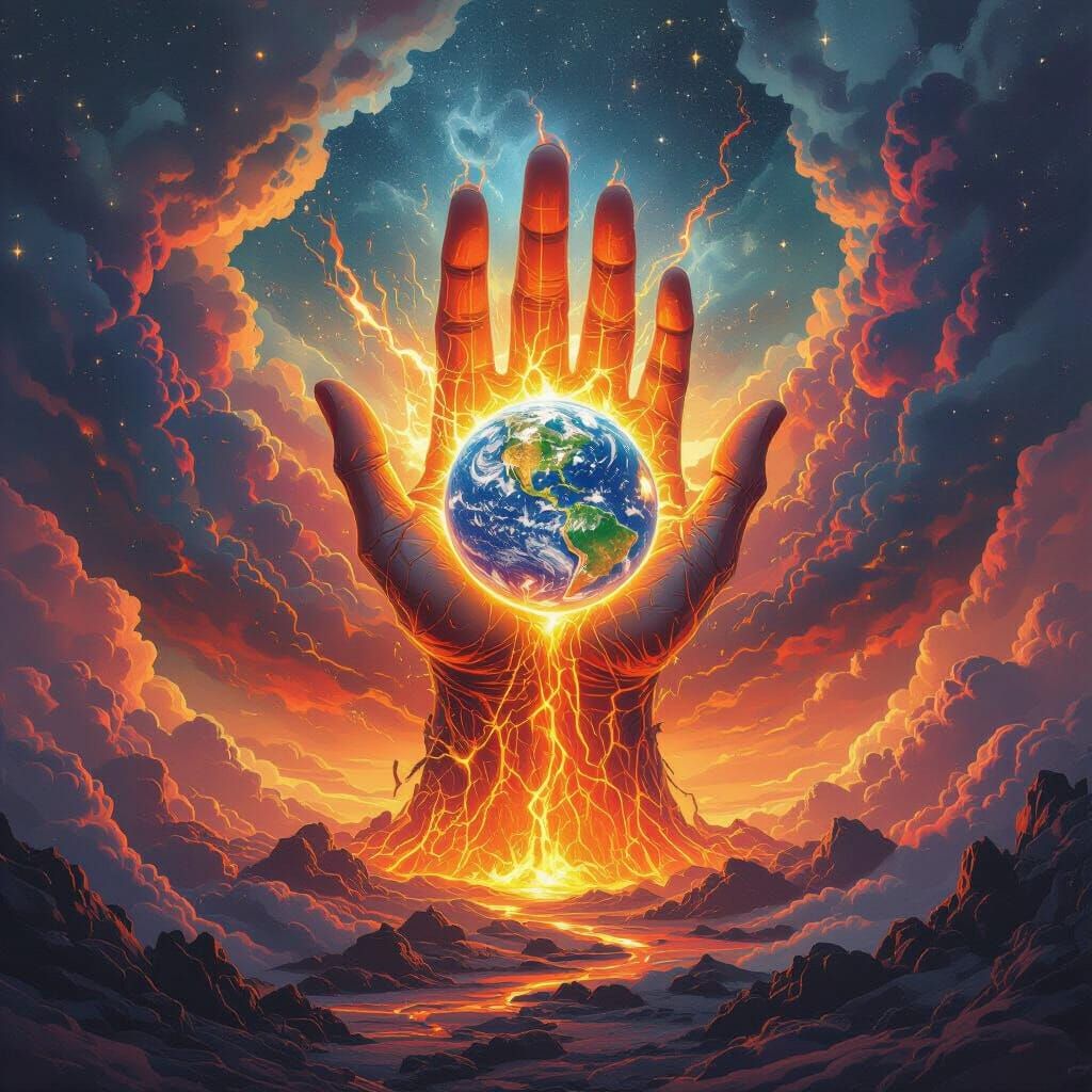 Divine Hand Cradling Earth in Celestial Wonder