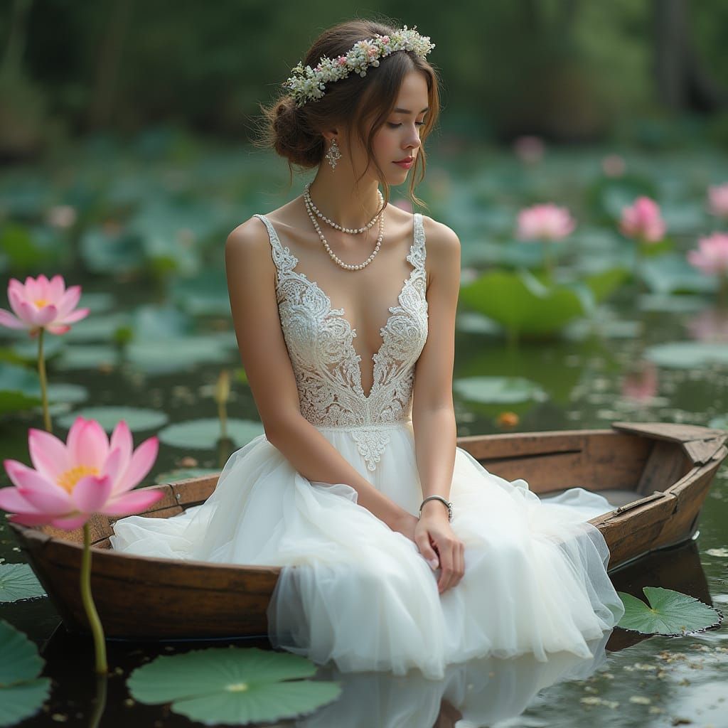 Elegant Bride Surrounded by Lotus Flowers in a Serene Lake S...